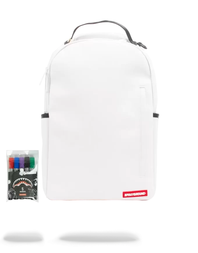 RUCSAC ALB SPRAYGROUND DIY (PIELE VEGANĂ ȘI CĂPTUȘEALĂ INTERIOARĂ PENTRU BANI) ȘI MARKETE INCLUSE